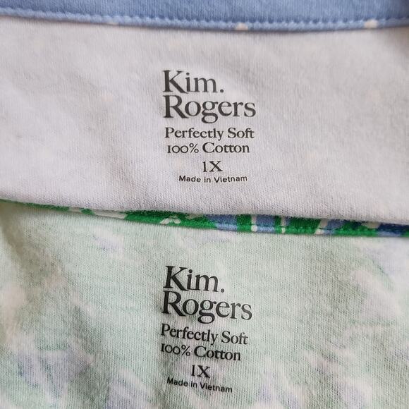 Kim Rogers Set Of 2 Tops Size 1X Blue White Polka-Dot Green Absract 100% Cotton - Picture 12 of 14